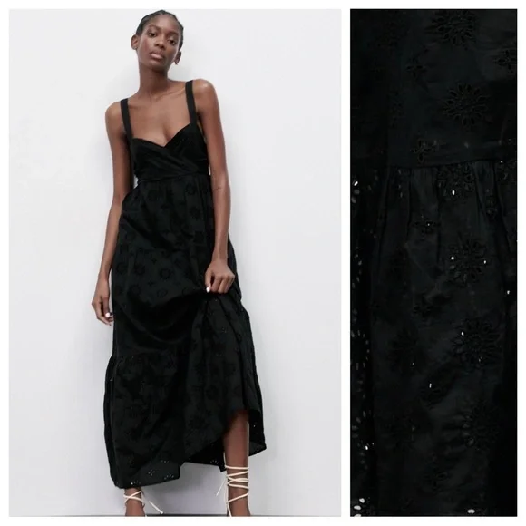 NWT. Zara Black Openwork Crossover V-neck Midi Tank Dress. Size S. - Picture 3 of 13